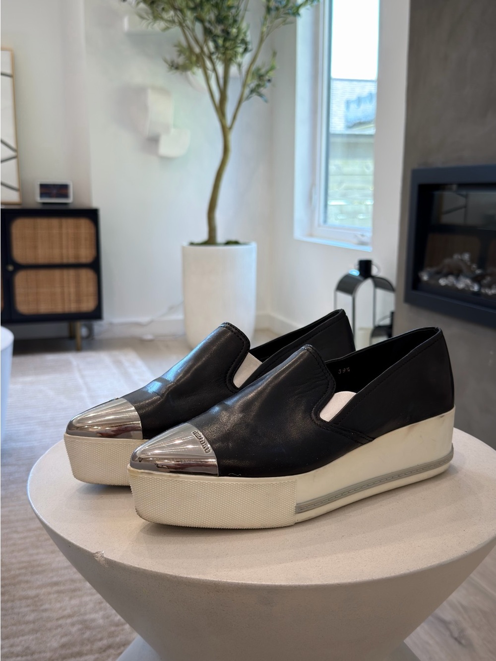 Black Leather Slip-On Platform with Silver Toe Cap